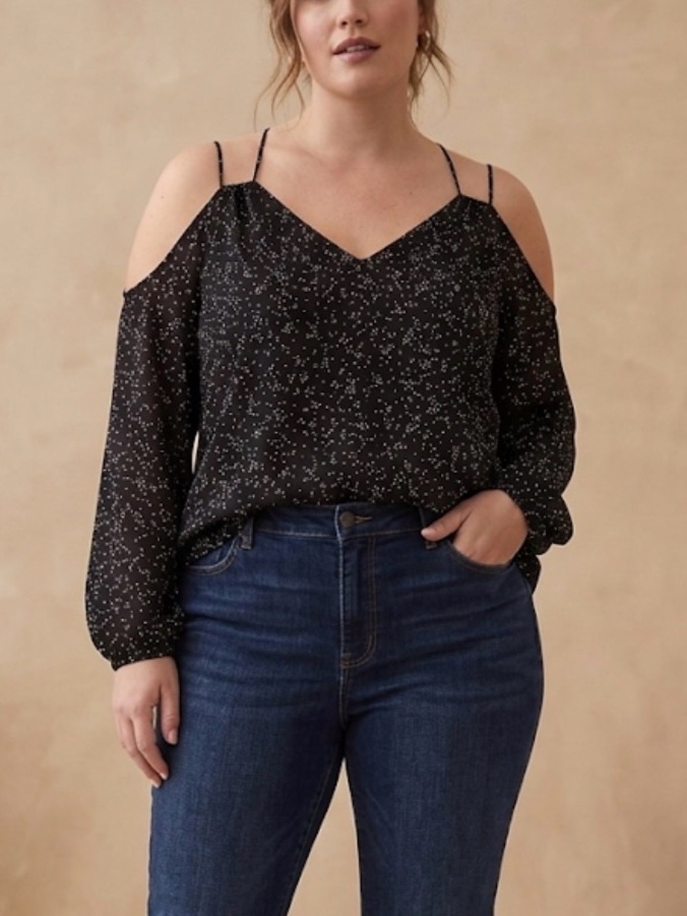 Crescent Black Polka Dot Cold Shoulder Blouse MP Medium Petite Lagenlook